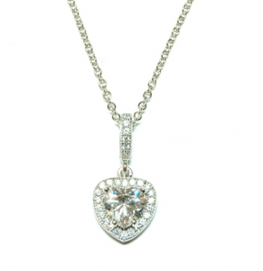 Diamondess Sterling Silver, Platinum Plate CZ Heart Necklace w/pave surround